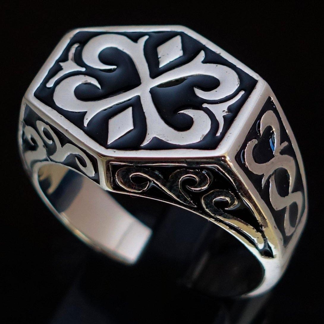 Excellent crafted Men's Medieval Ring Black Oriental Crest Sterling Silver 925