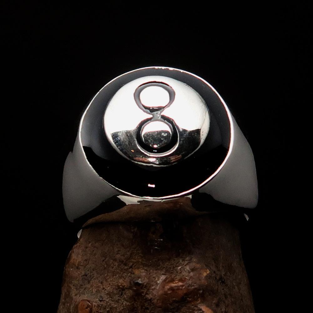 Nicely crafted domed Men's Pool Player Ring Black 8 Eight- Sterling Silver