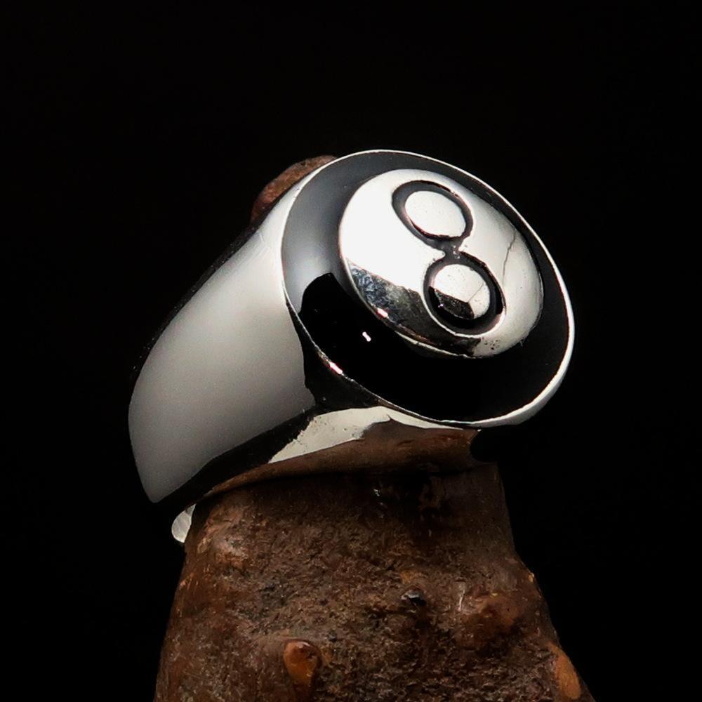 Nicely crafted domed Men's Pool Player Ring Black 8 Eight- Sterling Silver