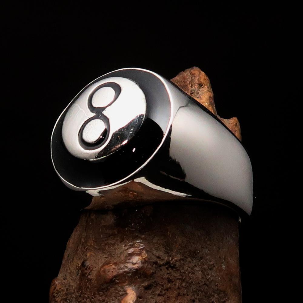 Nicely crafted domed Men's Pool Player Ring Black 8 Eight- Sterling Silver