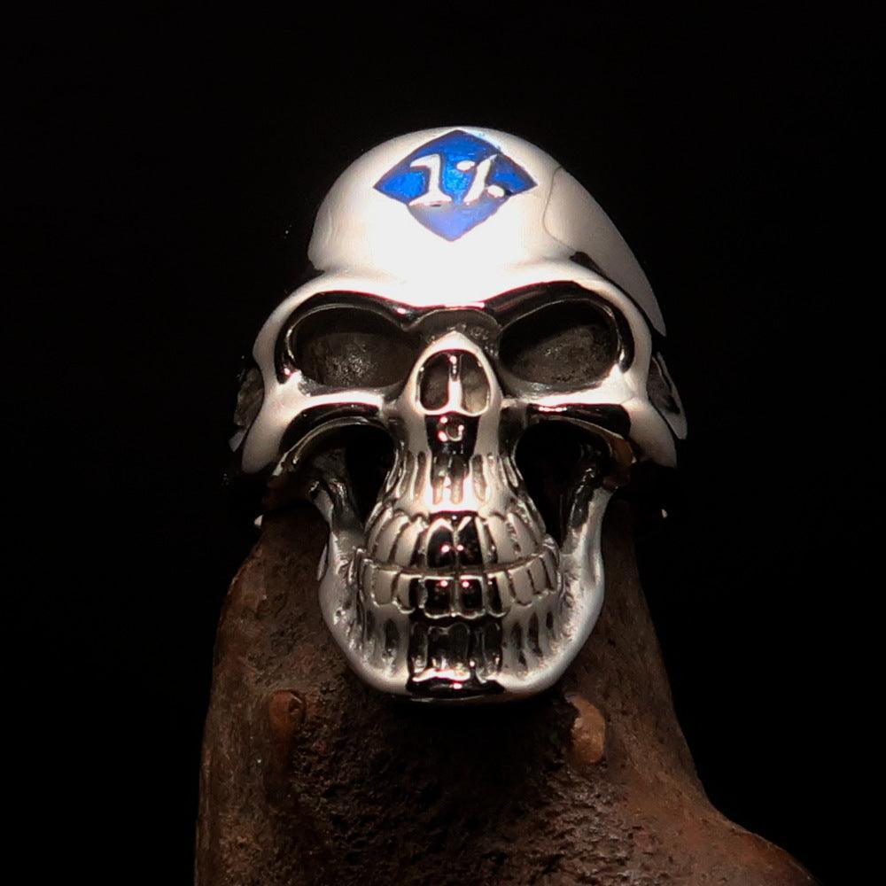 Mirror polished Men's Outlaw Biker Ring blue 1% Skull - Sterling Silver