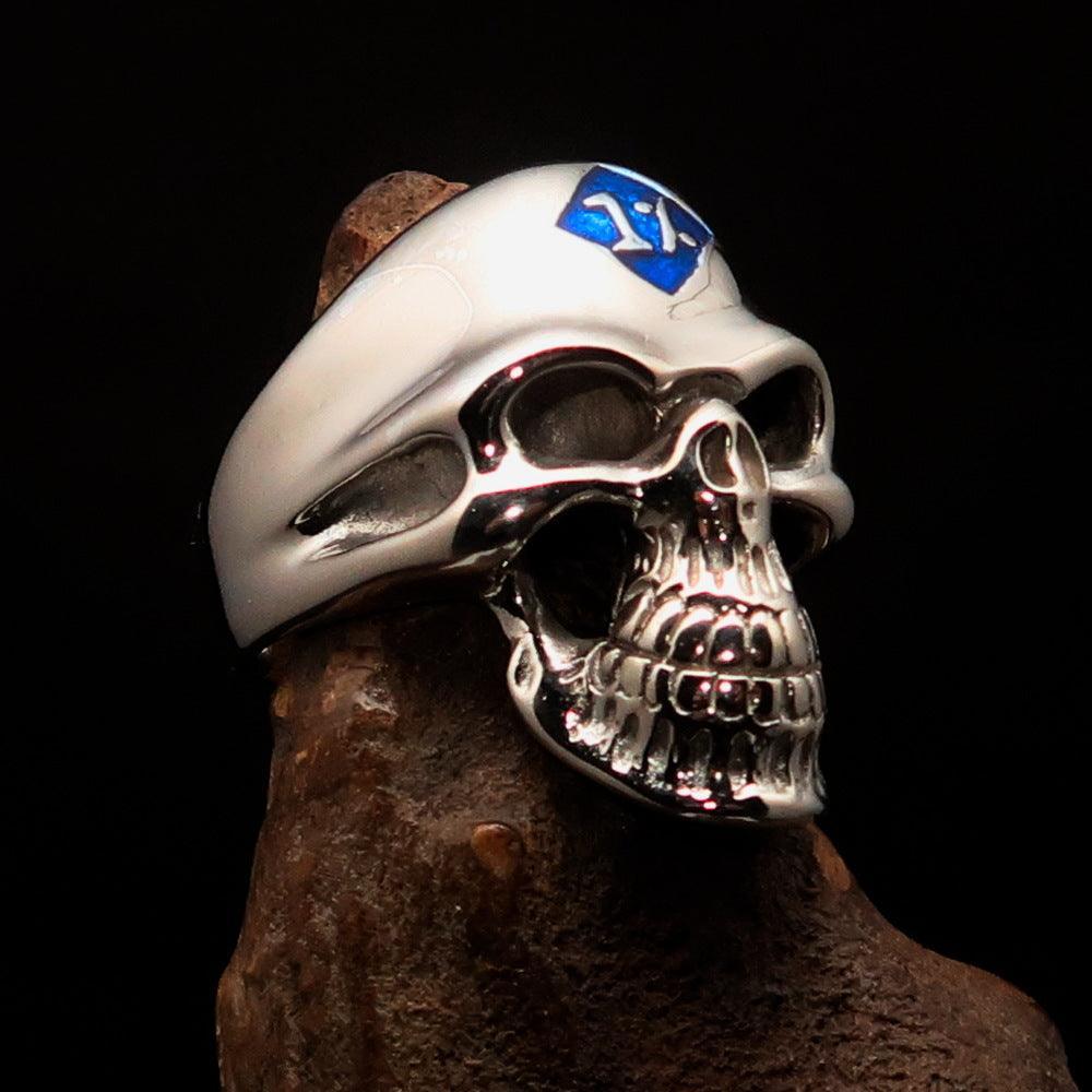 Mirror polished Men's Outlaw Biker Ring blue 1% Skull - Sterling Silver