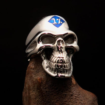 Mirror polished Men's Outlaw Biker Ring blue 1% Skull - Sterling Silver